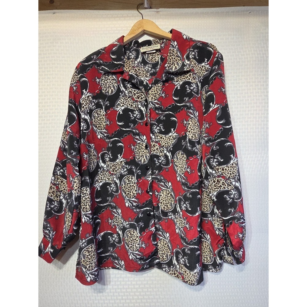 Donnkenny‎ Woman Button Front Blouse Womens Red Black Leopard Scroll Print Long